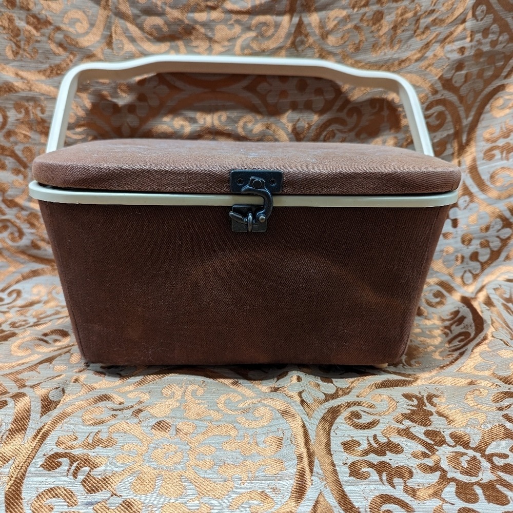 Vintage Prym Sewing Basket Craft Storage Organizer Brown w Handle & Tray